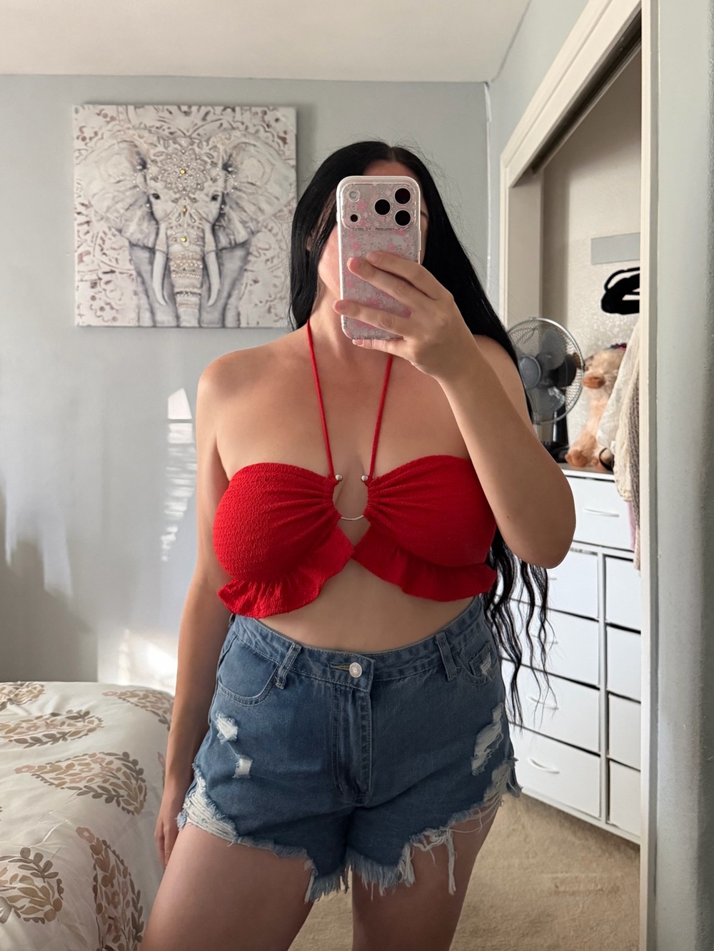 Red Ruffle Smocked Key Hole Bandeau Halter Crop Top M Medium